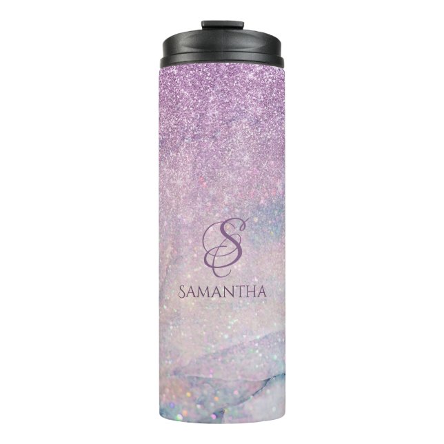 Purple Faux Glitter and Marble 2 Monogram Thermal Tumbler (Front)
