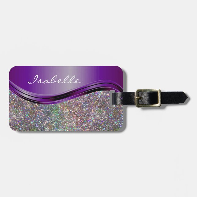 Purple Faux Glitter Bling Personalized Rainbow  Luggage Tag (Front Horizontal)