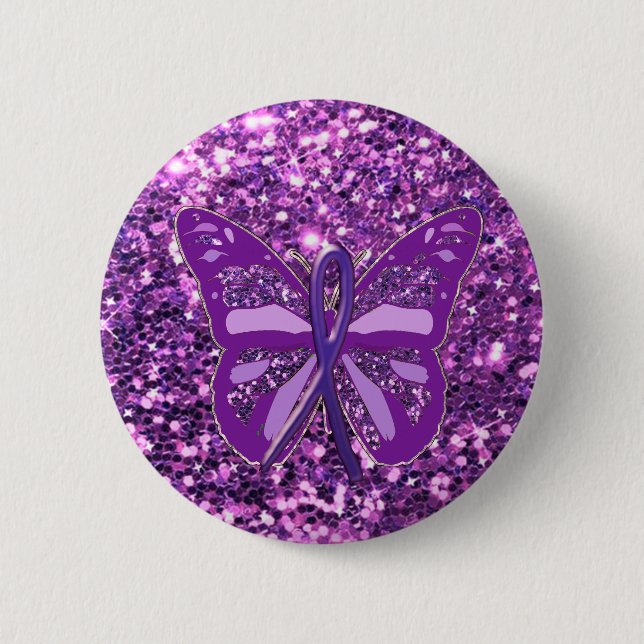 Purple Faux Glitter Butterfly Awareness Button (Front)