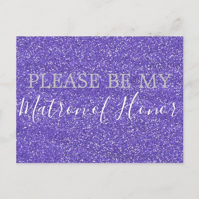 Purple Faux Glitter Matron of Honour Proposal Invitation Postcard (Front)