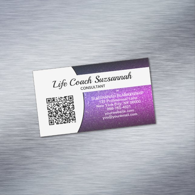 Purple Faux Glitter Ombre QR Code Professional Magnetic Business Card (In Situ)