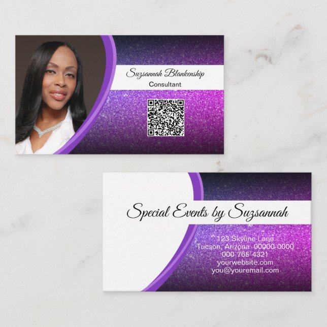 Purple Faux Glitter Professional Photo QR Code Business Card (Front/Back)