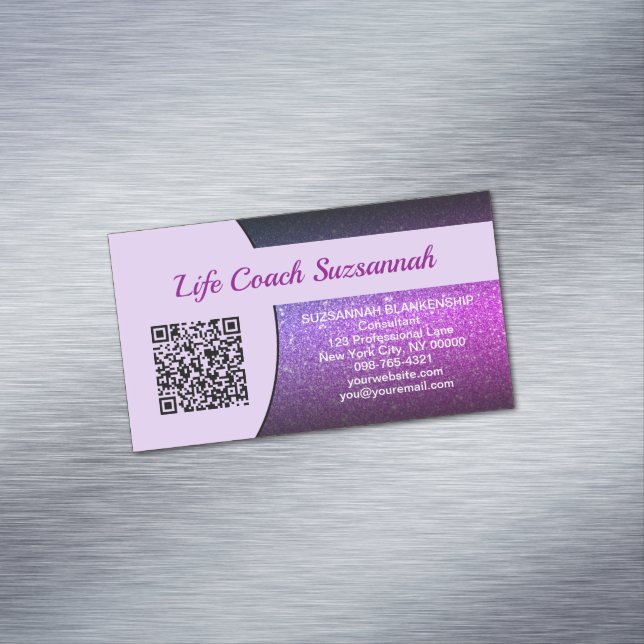 Purple Faux Glitter QR Code Professional Magnetic Business Card (In Situ)
