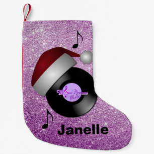 Purple Faux Glitter Santa Hat Retro Record Small Christmas Stocking