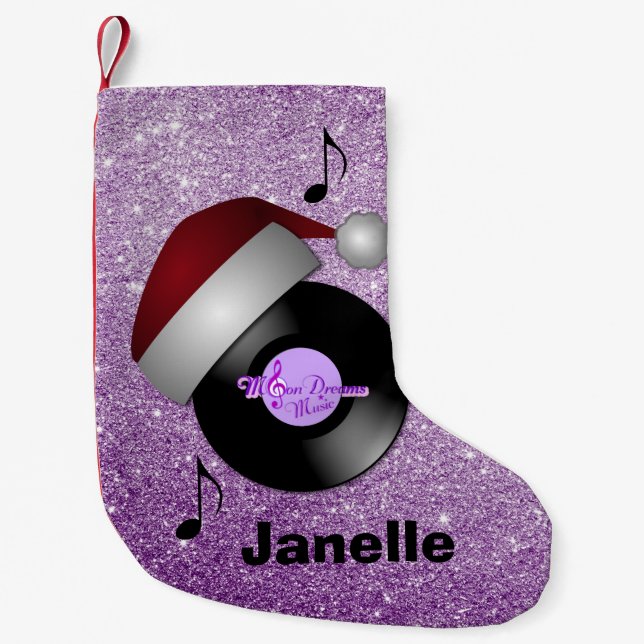 Purple Faux Glitter Santa Hat Retro Record Small Christmas Stocking (Front)