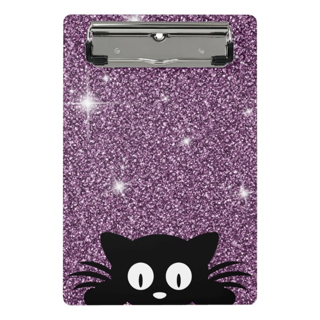 Purple Faux Glitter Shimmer Texture With A cat Mini Clipboard (Front)