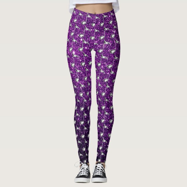 Purple Faux Glitter Silver Music Notes Leggings (Front)