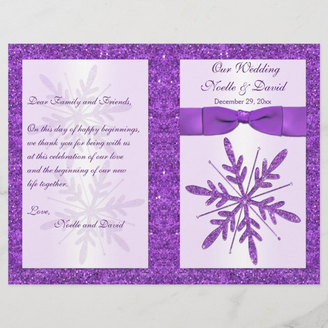 Purple FAUX Glitter Snowflakes Wedding Program (Front)