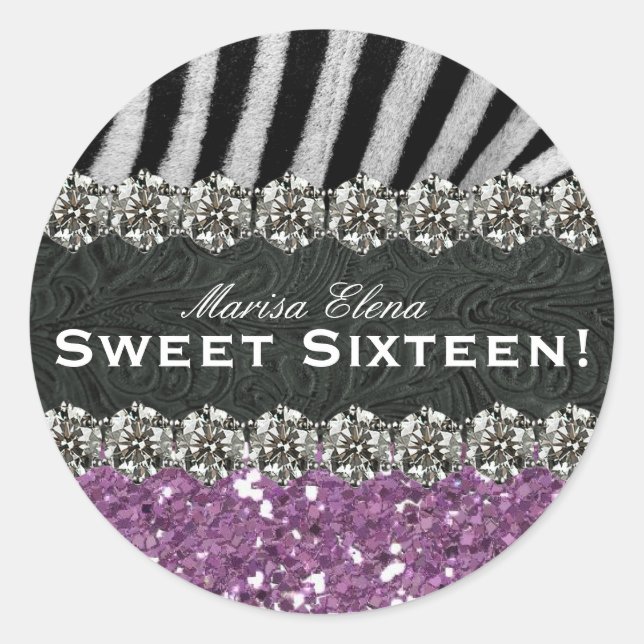 Purple Faux Glitter Zebra Sweet Sixteen Classic Round Sticker (Front)