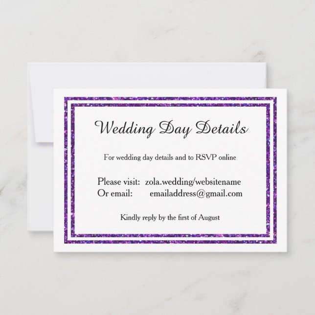 Purple Faux Glittered Trim - Wedding Day Details RSVP Card (Front)