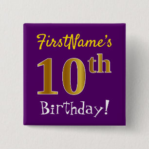 Purple, Faux Gold 10th Birthday, With Custom Name 2 Inch Square Button