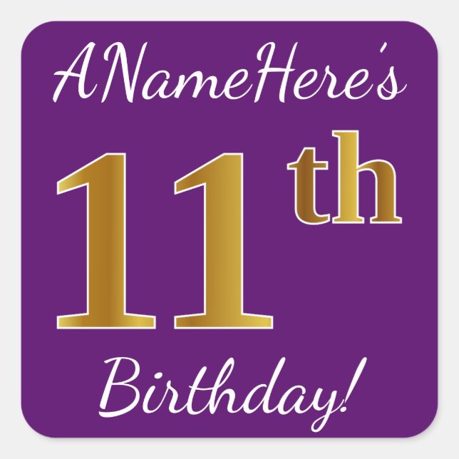 Purple, Faux Gold 11th Birthday + Custom Name Square Sticker (Front)