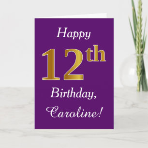 Purple, Faux Gold 12th Birthday + Custom Name Card