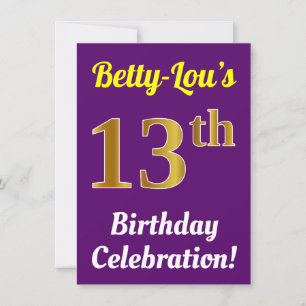 Purple, Faux Gold 13th Birthday Celebration + Name Invitation