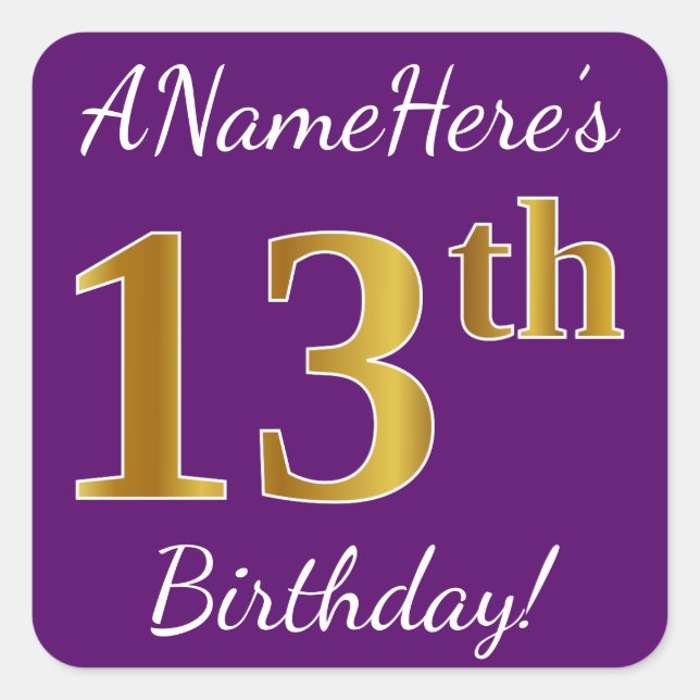 Purple, Faux Gold 13th Birthday + Custom Name Square Sticker (Front)