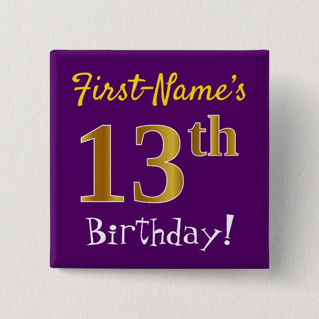 Purple, Faux Gold 13th Birthday, With Custom Name 2 Inch Square Button (Front)