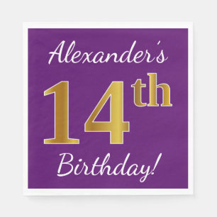 Purple, Faux Gold 14th Birthday + Custom Name Napkin