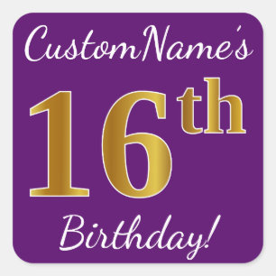Purple, Faux Gold 16th Birthday + Custom Name Square Sticker