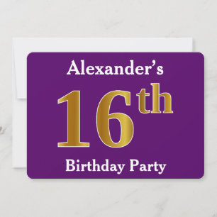 Purple, Faux Gold 16th Birthday Party; Custom Name Invitation