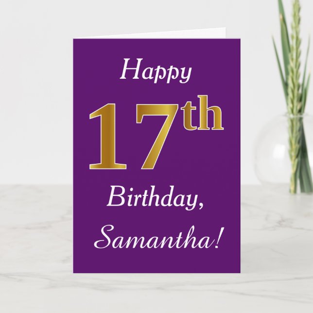 Purple, Faux Gold 17th Birthday + Custom Name Card (Front)