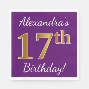 Purple, Faux Gold 17th Birthday + Custom Name Napkin