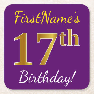 Purple, Faux Gold 17th Birthday + Custom Name Square Paper Coaster