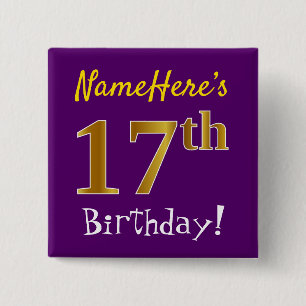 Purple, Faux Gold 17th Birthday, With Custom Name 2 Inch Square Button