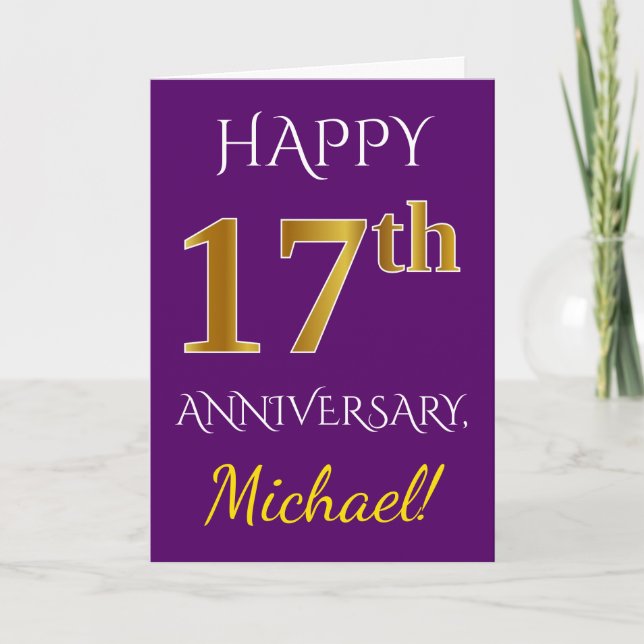 Purple, Faux Gold 17th Wedding Anniversary + Name Card (Front)