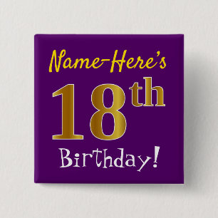 Purple, Faux Gold 18th Birthday, With Custom Name 2 Inch Square Button