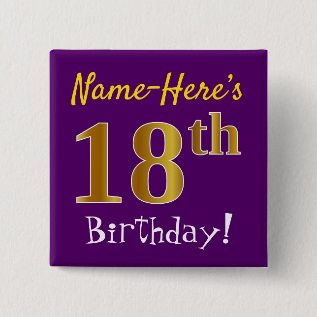 Purple, Faux Gold 18th Birthday, With Custom Name 2 Inch Square Button (Front)