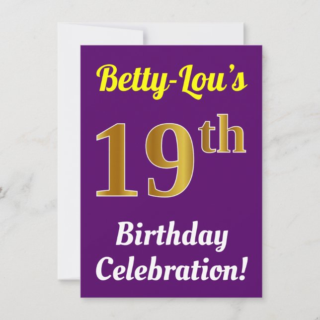 Purple, Faux Gold 19th Birthday Celebration + Name Invitation (Front)
