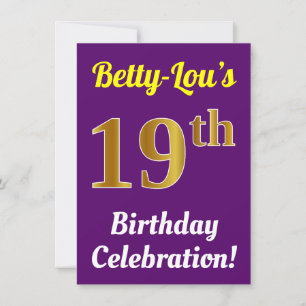 Purple, Faux Gold 19th Birthday Celebration + Name Invitation