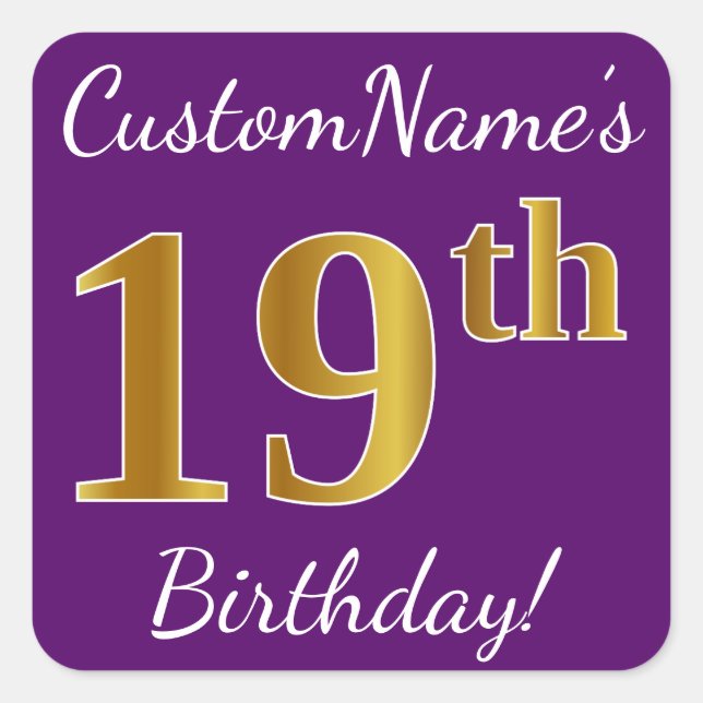 Purple, Faux Gold 19th Birthday + Custom Name Square Sticker (Front)