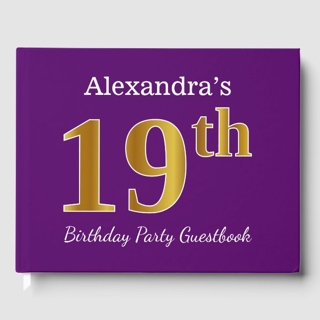 Purple, Faux Gold 19th Birthday Party; Custom Name Guest Book (Front)