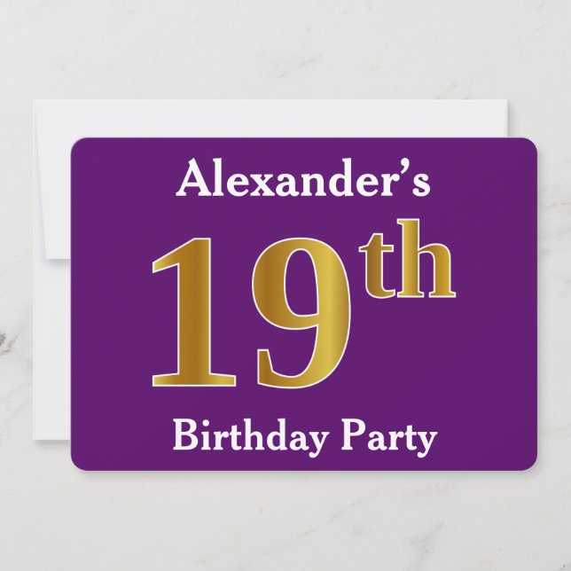Purple, Faux Gold 19th Birthday Party; Custom Name Invitation (Front)