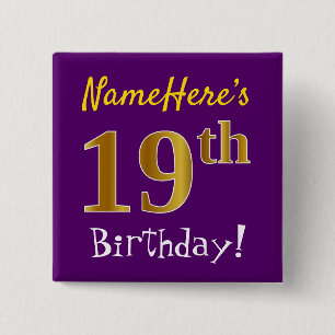 Purple, Faux Gold 19th Birthday, With Custom Name 2 Inch Square Button