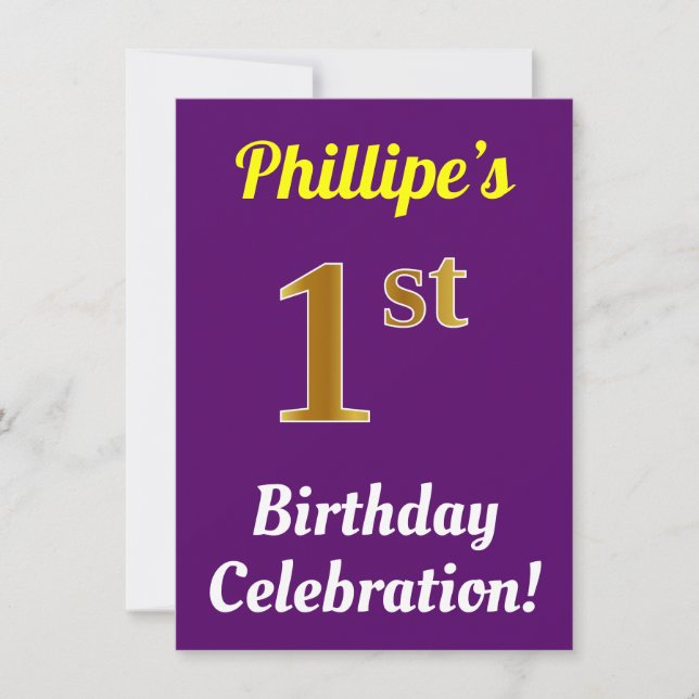 Purple, Faux Gold 1st Birthday Celebration + Name Invitation (Front)