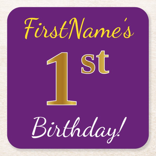Purple, Faux Gold 1st Birthday + Custom Name Square Paper Coaster (Front)