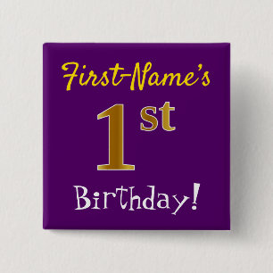 Purple, Faux Gold 1st Birthday, With Custom Name 2 Inch Square Button