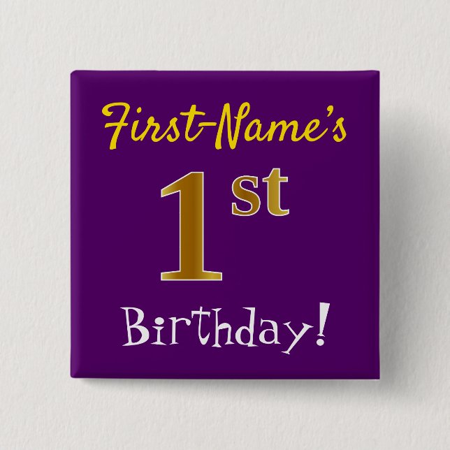 Purple, Faux Gold 1st Birthday, With Custom Name 2 Inch Square Button (Front)