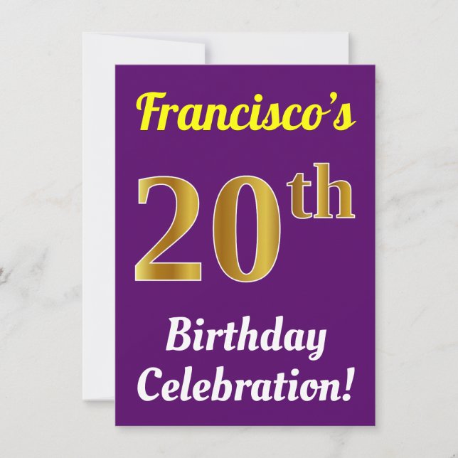 Purple, Faux Gold 20th Birthday Celebration + Name Invitation (Front)