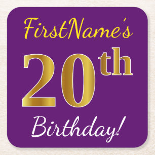 Purple, Faux Gold 20th Birthday + Custom Name Square Paper Coaster