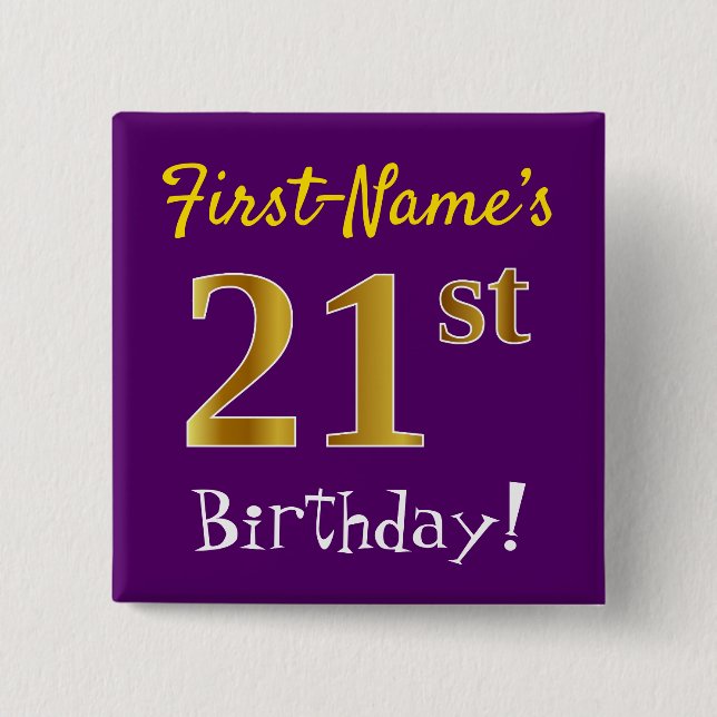 Purple, Faux Gold 21st Birthday, With Custom Name 2 Inch Square Button (Front)