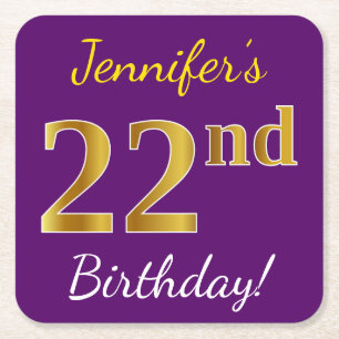 Purple, Faux Gold 22nd Birthday + Custom Name Square Paper Coaster