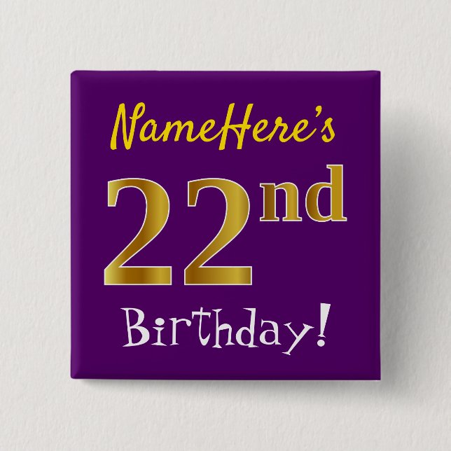 Purple, Faux Gold 22nd Birthday, With Custom Name 2 Inch Square Button (Front)
