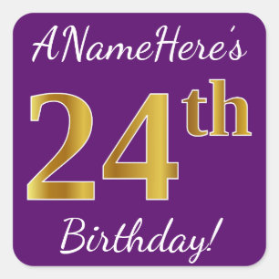 Purple, Faux Gold 24th Birthday + Custom Name Square Sticker