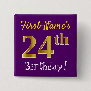 Purple, Faux Gold 24th Birthday, With Custom Name 2 Inch Square Button