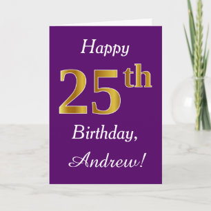 Purple, Faux Gold 25th Birthday + Custom Name Card