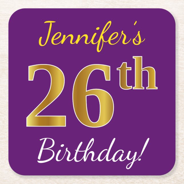 Purple, Faux Gold 26th Birthday + Custom Name Square Paper Coaster (Front)