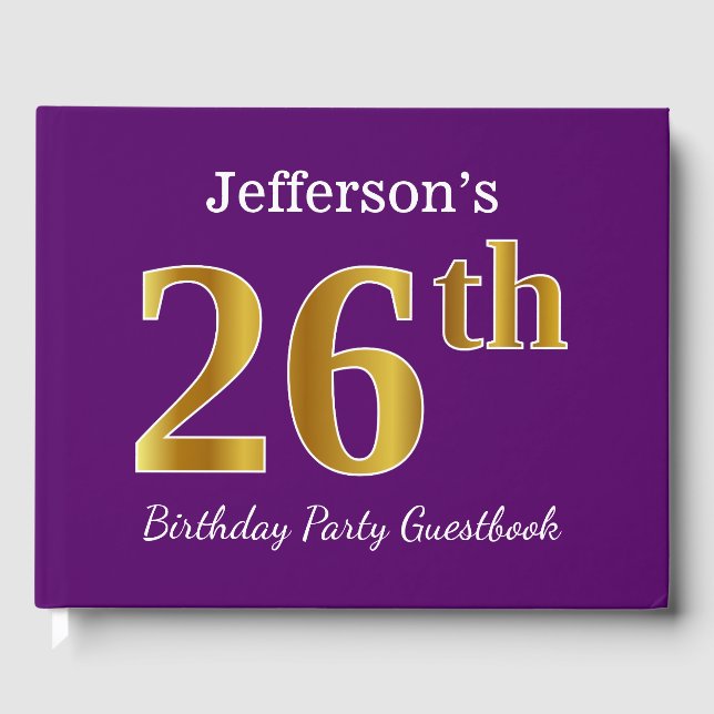 Purple, Faux Gold 26th Birthday Party; Custom Name Guest Book (Front)